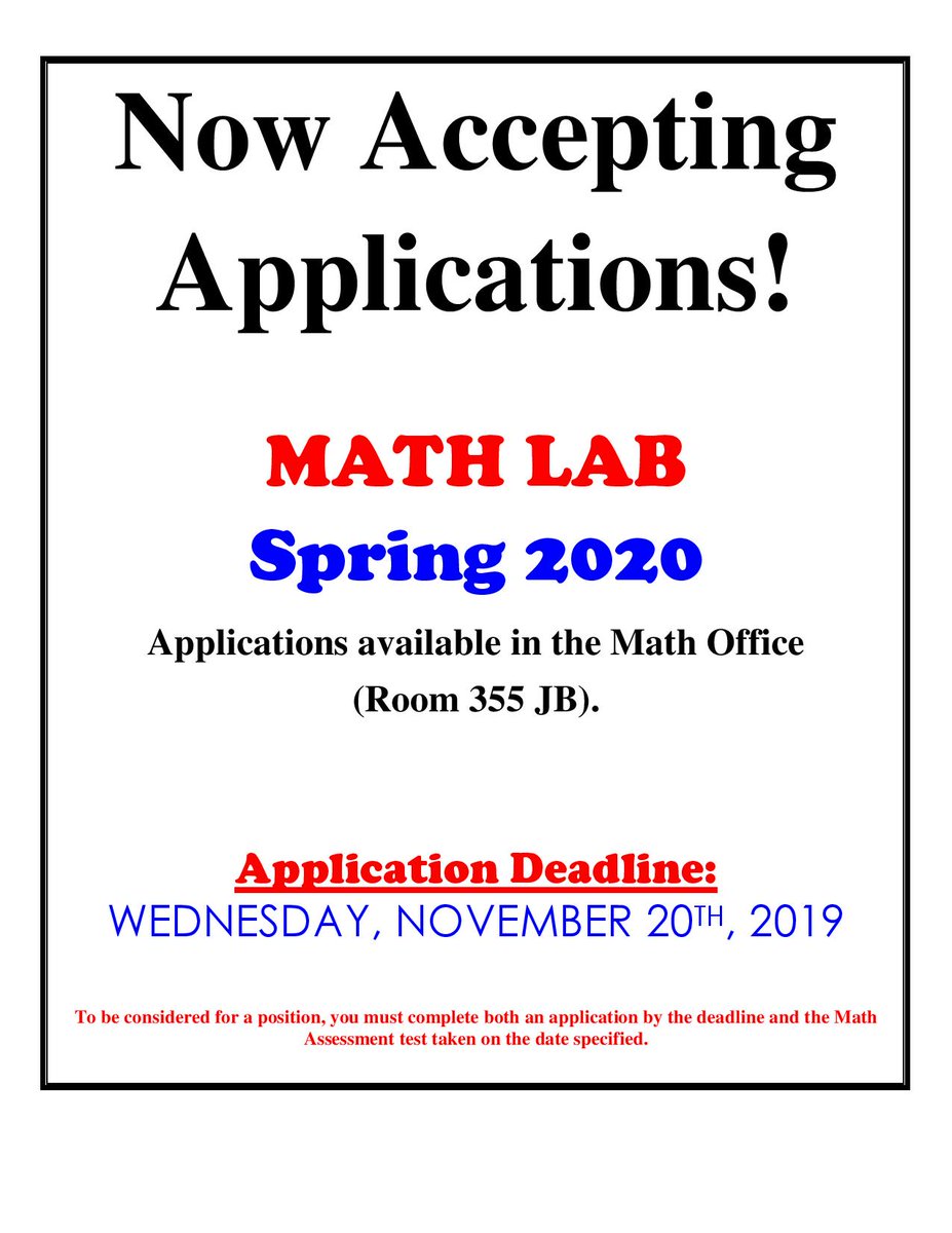 WSUMathStat's tweet image. Math Lab is now hiring for Spring 2020! Applications can be found in Jabara 355, deadline to submit is November 20th!