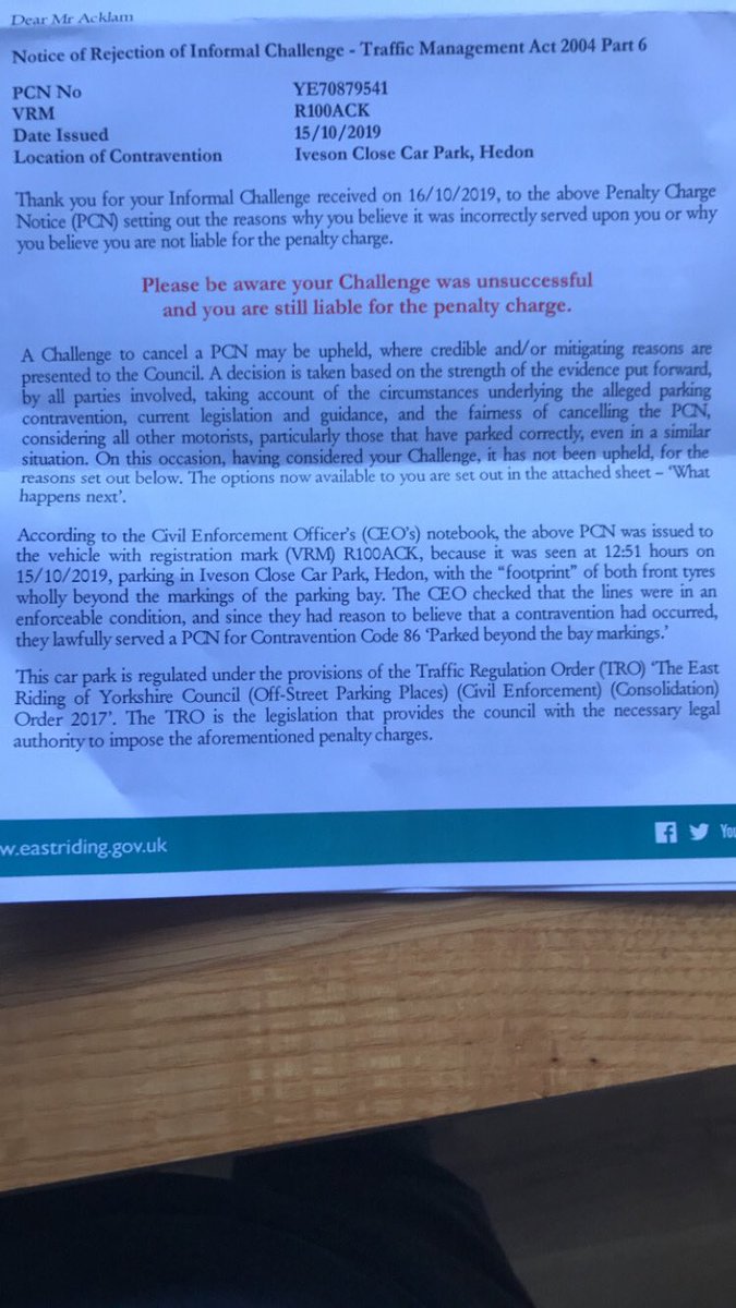 RichAcklam's tweet photo. a update on my Challenge for the parking ticket I was unsuccessful 🙈😡 Well that’s me not shopping in Hedon sorry if you have a business in Hedon but unfortunately my vehicle is to long. East Riding of Yorkshire council killing trade @East_Riding @looknorthBBC https://t.co/KOatWvhNuL
