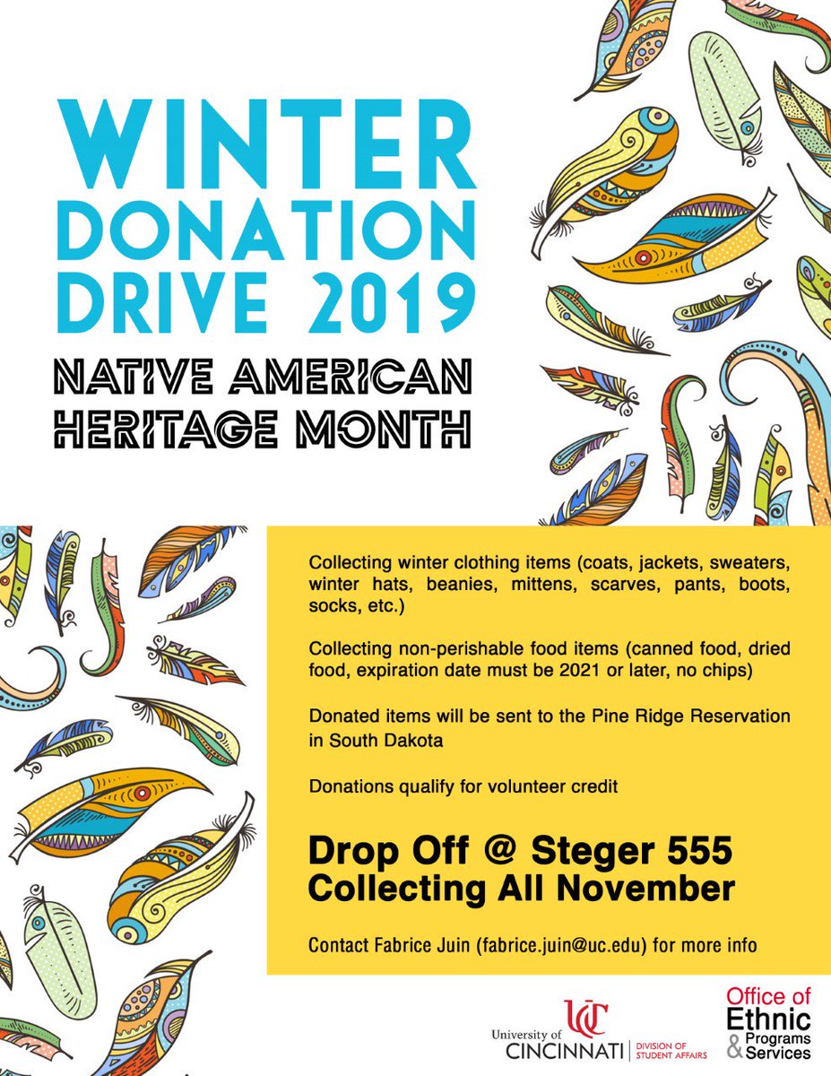 BearcatAnthro's tweet photo. Don't Forget!! For the month of November, the @UC_EPS + UCA's #Anthropos are collaborating to celebrate #NativeAmericanHeritageMonth
with a WINTER DONTATION DRIVE! Drop off all winter clothing essentials at Steger 555. Get involved in the #Healing
#AnthMore https://t.co/C85dnlNJqf