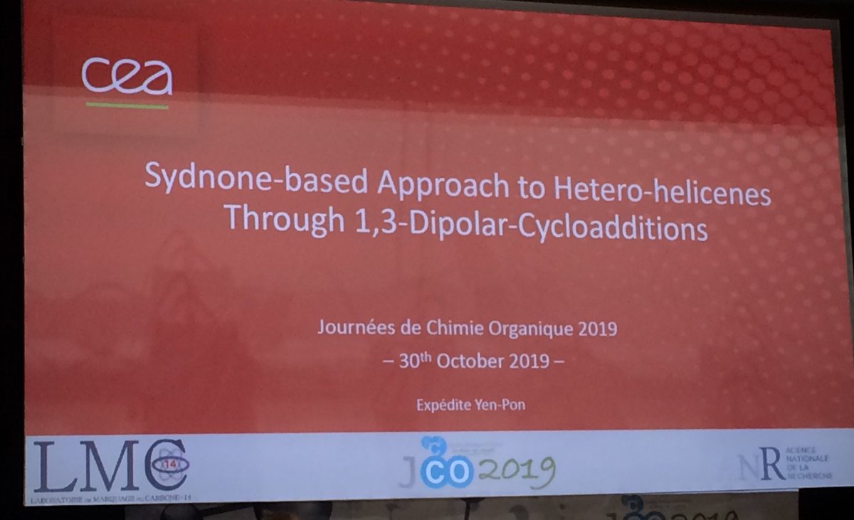 FredLamaty's tweet photo. Time for #sydnones and #helicenes with Expédite Yen-Pon 👍 from @TaranLMC #JCO2019 @DCO_SCF https://t.co/8dSXyvZwAR