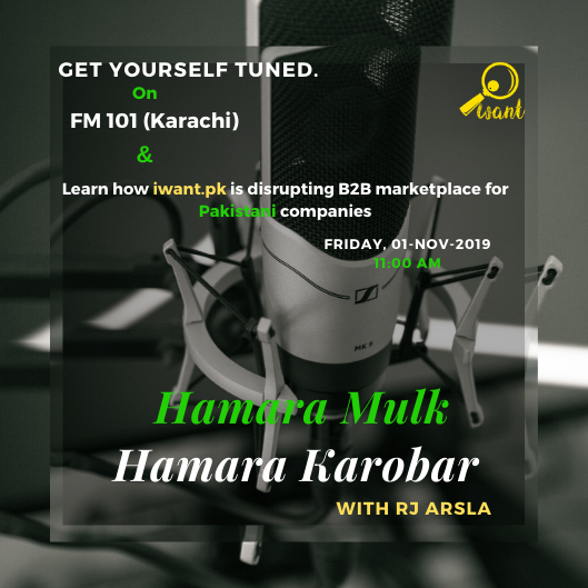 iWantpk's tweet photo. Don't forget to tune @fm101khi and Get connected with Iwant Pakistan's first digital B2B market Place.  #LetsRadio #FM101 #Iwant #HumaramulkHumarakarobar #b2b #Pakistan #JoChaho @TheNestiO @021disrupt https://t.co/yaOuSJfcbW