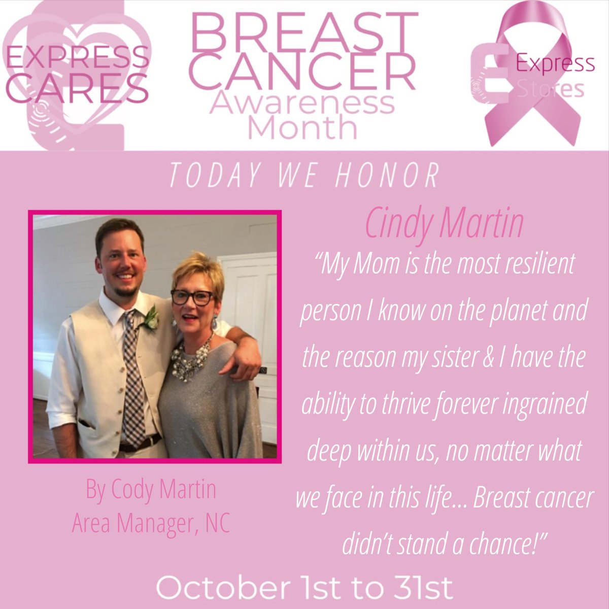ExpStores's tweet photo. Today Express Stores & Cody Martin our Area Manager for Raleigh & Durham, NC honor his Mom Cindy for #BreastCancerAwarenessMonth
-
#ExpressCares #ExpressStores #BCAM #BreastCancer #Honor #Determination #Bravery #Power https://t.co/9t21qdKY4A