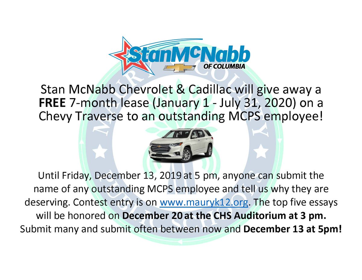 MauryCoSchools's tweet photo. You can submit an essay to describe an OUTSTANDING EMPLOYEE here at @MauryCoSchools -tell us why they're awesome! Here are details of Stan McNabb Chevrolet Cadillac of Columbia​ contest to win a free 7-month lease. Link to submit essay: https://t.co/jSY44By2vF https://t.co/GvZEHcXTnR