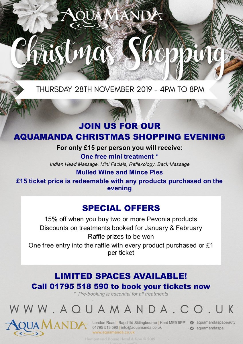 AquaMandaSpa's tweet photo. Our #ChristmasShopping is back! Limited spaces only! Call us on 01795 518 590 https://t.co/vlJnBfGexg