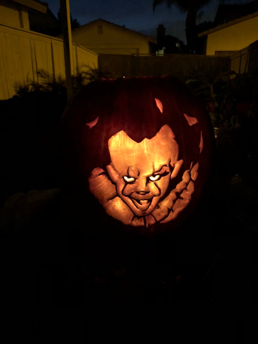 TheOpGames's tweet photo. "I'm not real enough for you?" - #Pennywise 🎈 One of our game designers got inspired by #ITEvilBelow for this #pumpkincarving. Stay tuned for even more pumpkin art from our talented team! 🎃 Let's see your carvings! 
#halloween2019 #Pumpkin #ITMovie #theop #usaopoly https://t.co/U4sW97KFDi