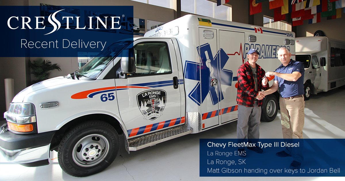 #TeamCrestline recently delivered a new FleetMax ambulance to <a href="/LaRongeEMS/">La Ronge EMS</a>. Thank you for your continued support and congradulation. We hear that Unit 65 has already hit the streets! #ambulances #CrestlineCoach