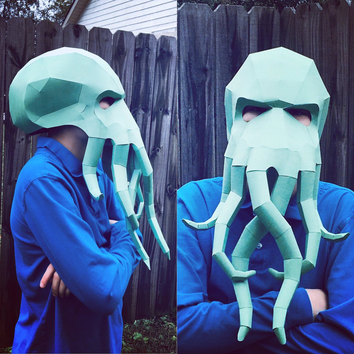 Southern_Hands's tweet photo. Noah in the Cthulhu mask.
•
Definitely my most challenging build this year. I do prefer the certainty of clear folds, but the uncertainty of the curves was worth it!
•
#crochetbysouthernhands #wintercroft #wintercroftmasks #papercraft #lowpoly #nopoly #Halloween https://t.co/IwbvXY5VK8