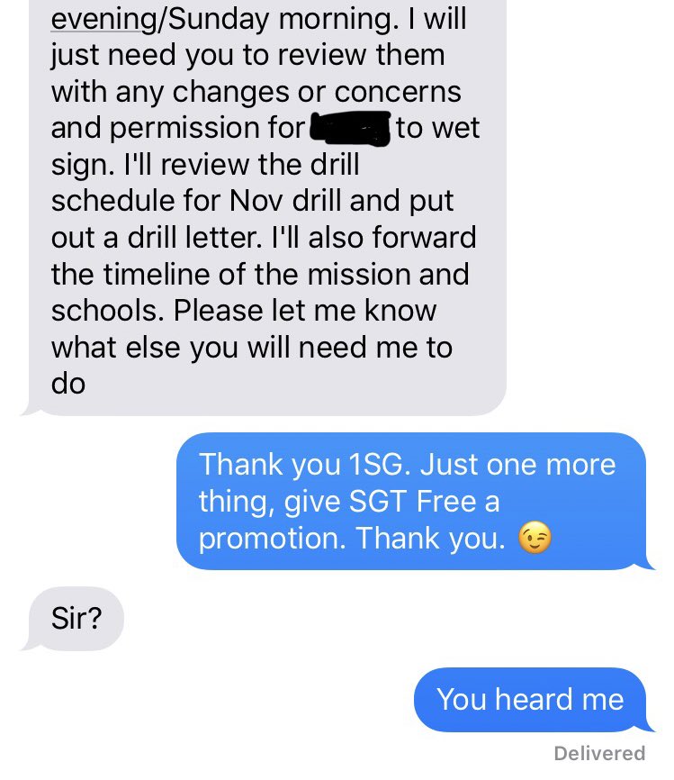 Nathaniel_Free's tweet photo. The new first sergeant started texting me, apparently thought I was the commander.
What would you do?
#miltwitter #BattlefieldPromotion https://t.co/pcBXjVGpgM