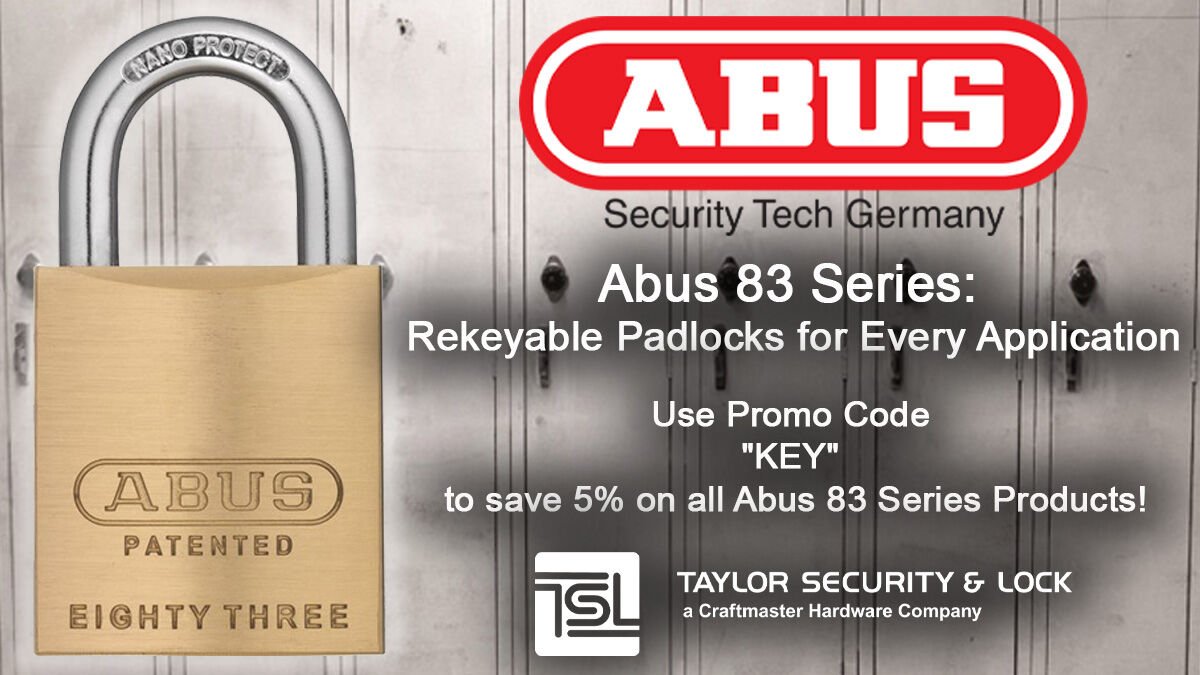TaylorSecurity's tweet photo. ARE YOUR REKEYABLE PADLOCKS USUALLY TIME-CONSUMING TO SERVICE AND DO THEY TAKE UP A LOT OF STOCK SPACE? Then the ABUS 83 Series is exactly what you need! Use Promo Code "KEY" to SAVE 5% on all Abus 83 Series Products! https://t.co/CB8sqAYP8q #taylorsecurity #abus #padlocks #promo https://t.co/3rjnyxhCKq