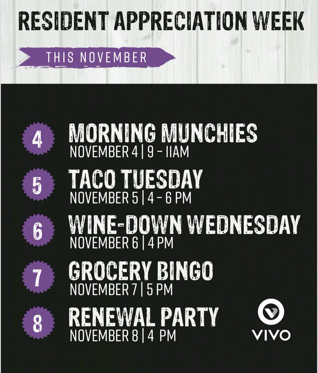 Next week starts our Resident Appreciation Week. The week is loaded with fun events. Food, drinks, games, and a party on Friday! We can't wait to see everyone! 😊💜 #govivotoledo #wearecardinal