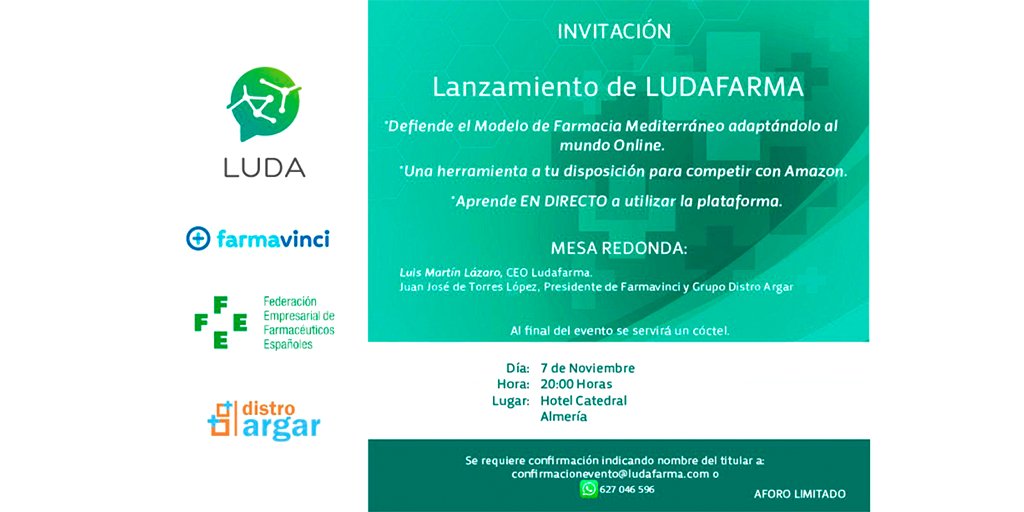 ludafarma's tweet photo. 👌🏻¡Os invitamos al Lanzamiento de LUDAFARMA en Almería!👌🏻
👍🏻Aprende EN DIRECTO a utilizar la plataforma el 7 de noviembre!🤗
Confirmación 💻confirmaciónevento@ludafarma.com📱627 04 65 96
#Luda #LudaFarmaApp #Fefe_farma #Farmavinci #GrupoDistroArgar #HotelCatedral https://t.co/7fbGGFYWKn