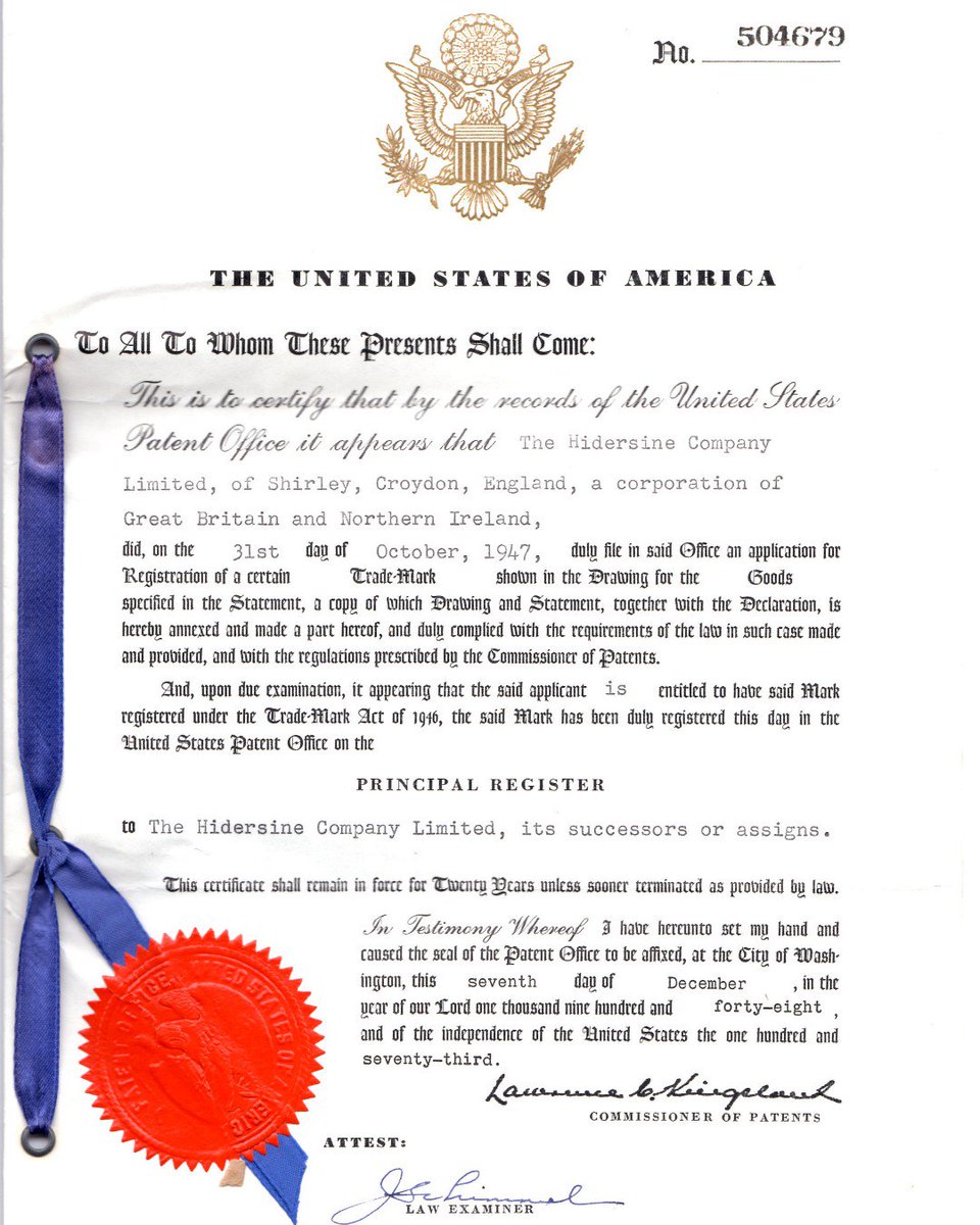 Hidersine USA Trademark - 1947

#throwback #throwbackthursday #tbt #hidersineorchestral #hidersinehistory #memorylane #hidersine #logo #violinbow #violin #violinplayer #violinst #instaviolin #violinlife #orchestralife #orchestral #classicalmusic