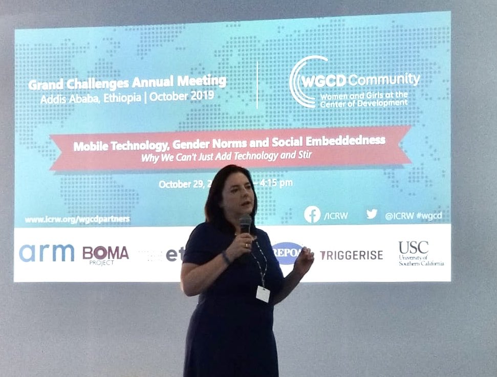 ICRW's tweet photo. ICRW’s @s_gammage discusses mobile technology, gender norms & social embeddedness with an expert panel at @gatesfoundation’s #GrandChallenges2019. #WGCD https://t.co/dHTh4BqLl5