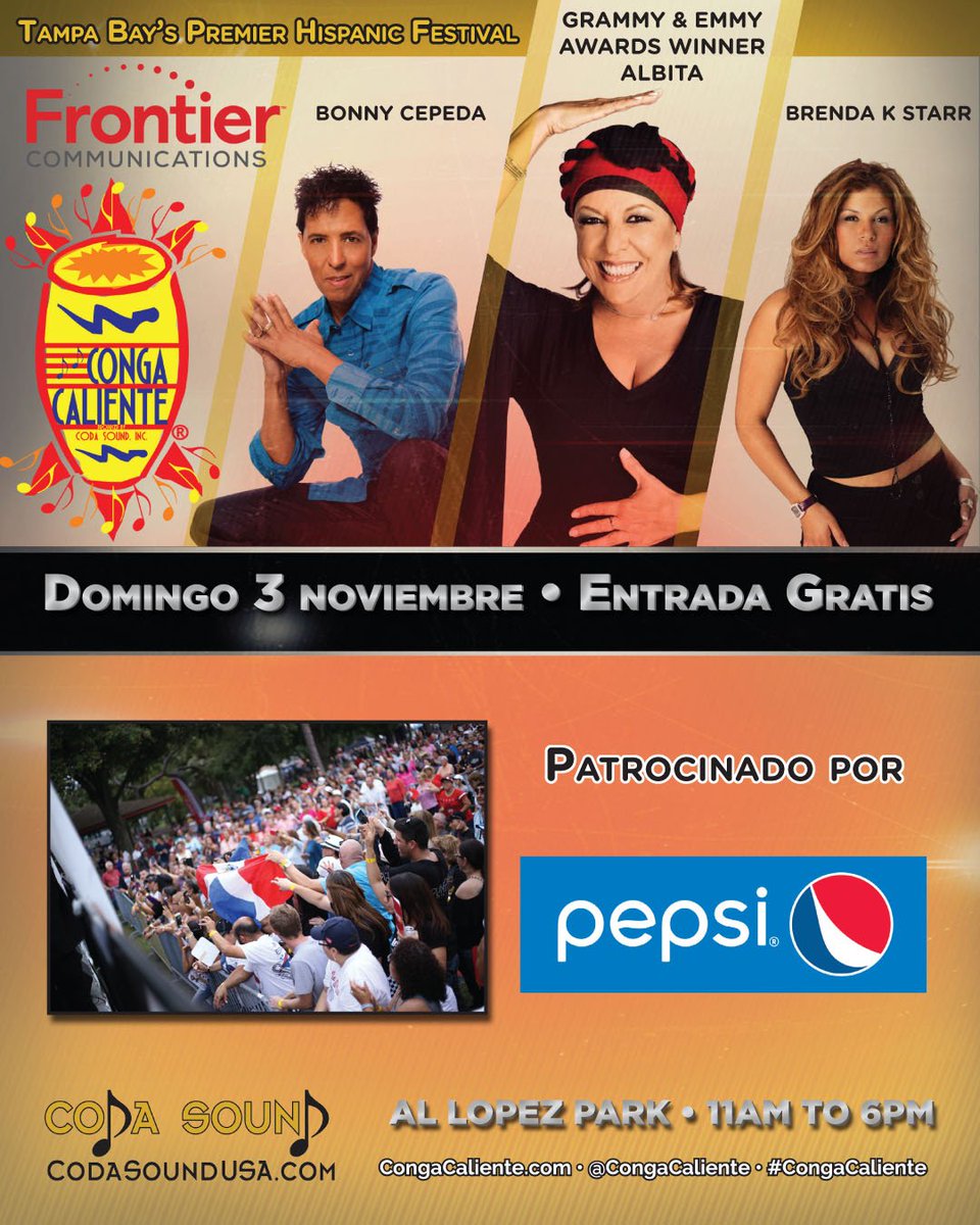 Conga_Caliente's tweet photo. ¡Este domingo, 3 de noviembre ven a Conga Caliente Festival y disfruta de música, comida y baile!

¡Estamos orgullosos de tener @pepsi como patrocinador de este año! ¡Gracias por apoyar a nuestra comunidad!

#CongaCaliente #HispanicHeritageMonth #LiveMusic #Festival #TampaFlorida https://t.co/CBNinr22hk