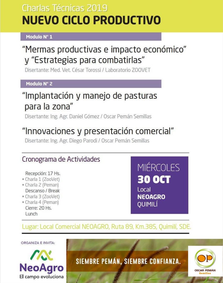 OPemanSemillas's tweet photo. ➡️ Continuando con nuestro ciclo de #capacitaciones, hoy los esperamos en el local de nuestro distribuidor oficial #NeoAgro, en Quimilí!!🌱🐮
Vamos a estar compartiendo otra jornada sobre #pasturas y el lanzamiento de nuevas alternativas #forrajeras!! 😉👏
#sabemosdepasturas https://t.co/vSTONldq02