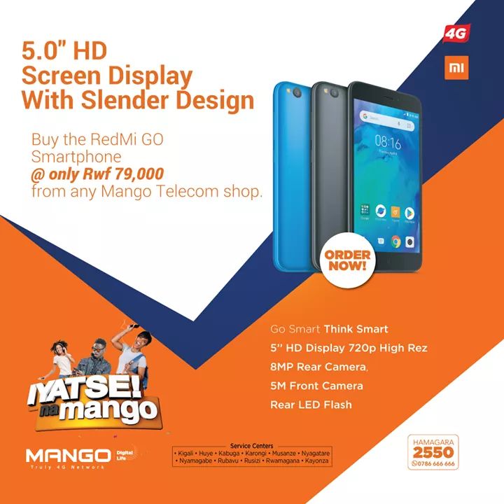 Mango4G's tweet image. 5.0" HD screen display with a slender design, buy the RedMi GO smartphone @ only Rwf 79,000 from any Mango Telecom shop.

#IyatseNaMango #4GUnlimiteddata #LTEspeed #Smartphones #NoBunddles #FastestInternet #MangoTelecom4G