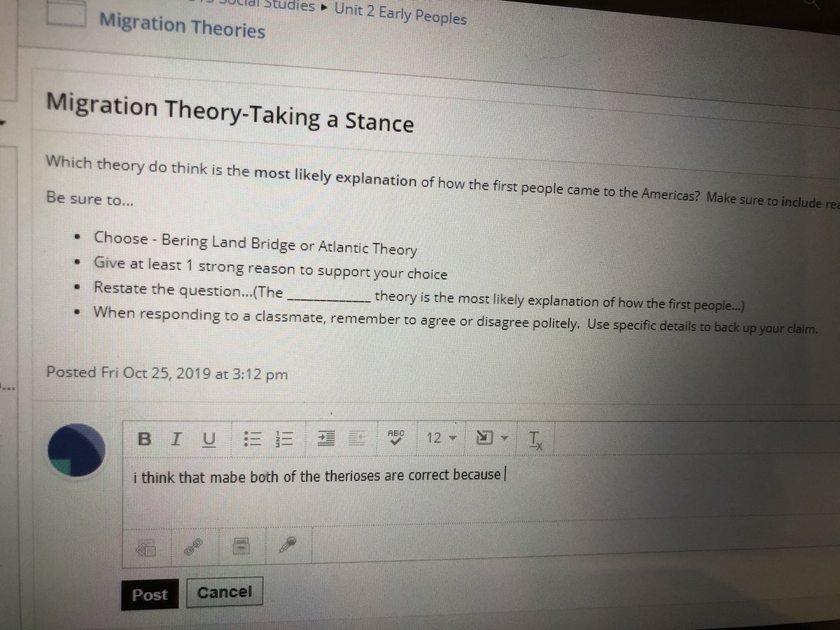 MariaBehncke's tweet photo. Choosing the right tool. Challenging matching task - Solutrean and Bering theory. State opinion and evidence on discussion board and respond to others. So much learning - SS, SEL, digital citizenship in one Calderon class! #loveSS #jbarrettwork @ChrissyMiga_WI @CristalSocSt https://t.co/Mry8TyGyYY