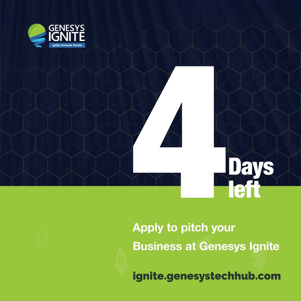 genesystechhub's tweet photo. On the 3rd of November, the application for the #GenesysIgnite seed fund will close.
Apply to pitch your business now to secure up to 30,000USD in seed funding.
Visit https://t.co/JEhIAJcBE9 to apply now! https://t.co/oYiE3uON2s