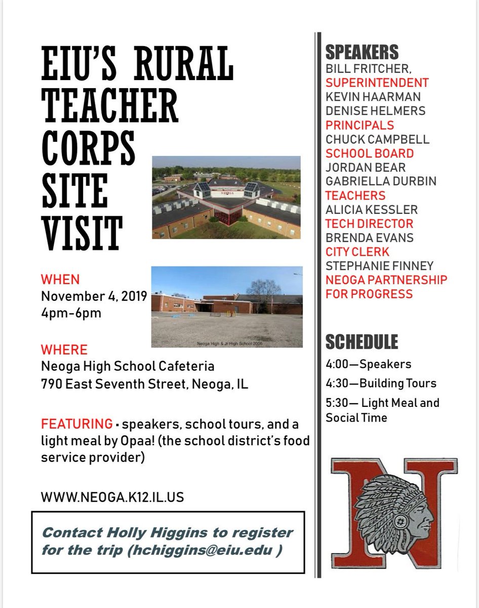 The EIU Rural Teacher Corps will be holding a site visit at Neoga High School on Monday, November 4th from 4-6pm.