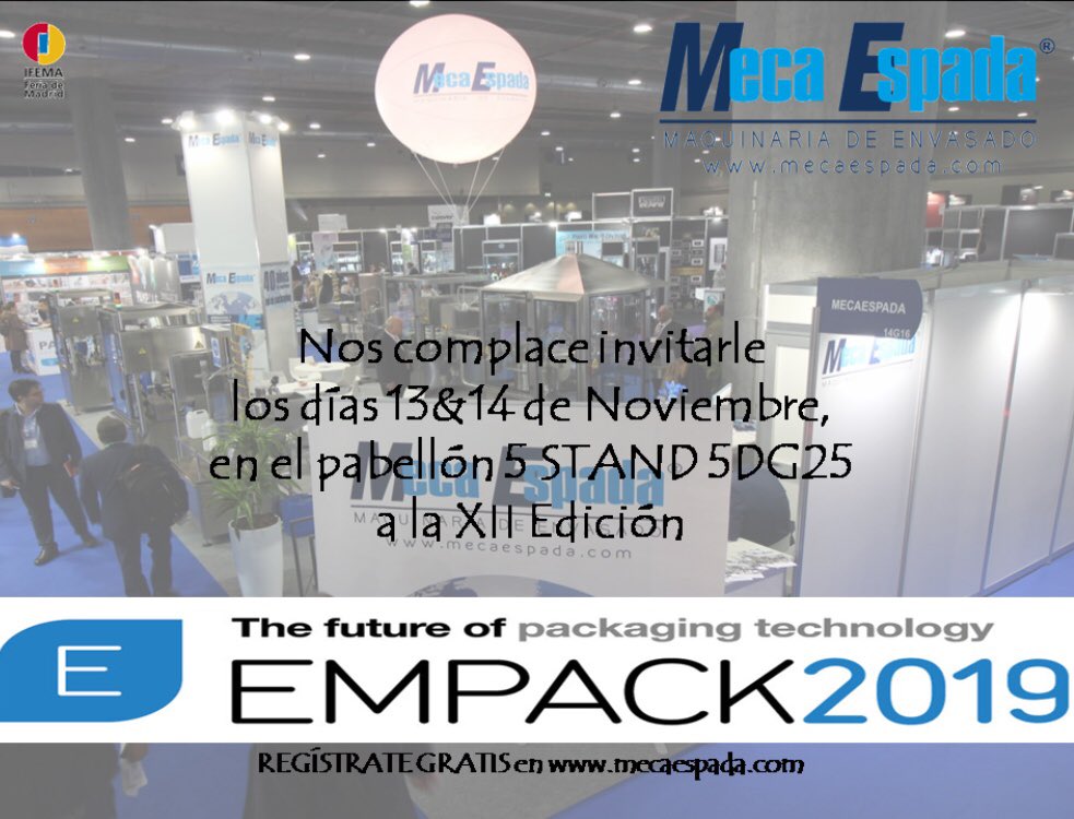 Mecaespada's tweet photo. See you at #EmpackMadrid2019 13th&14th Nov #ifema #FeriaDeMadrid Visit us!!!😀 👉Hall 5 Stand 5D25 Are you ready? #Empack2109 @MECAESPADA1 @Empackiberia @PI_Madrid #innovation #MecaEspada 👈Register Free https://t.co/rBf6zFRKPv