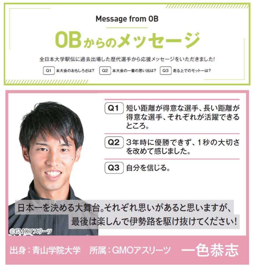 全日本大学駅伝 22年11月6日開催 Obからのメッセージ19 過去に出場した選手から応援メッセージをいただきました こちらはgmoアスリーツ 一色恭志さん 青山学院大学出身 Q1 本大会のおもしろさは Q2 本大会の一番の思い出は Q3 走る上での 全日本大学駅伝 22年11月6日開催 Obからのメッセージ19 過去に出場した選手から応援メッセージをいただきました こちらはgmoアスリーツ 一色恭志さん 青山学院大学出身 Q1 本大会のおもしろさは Q2 本大会の一番の思い出は Q3 走る上での