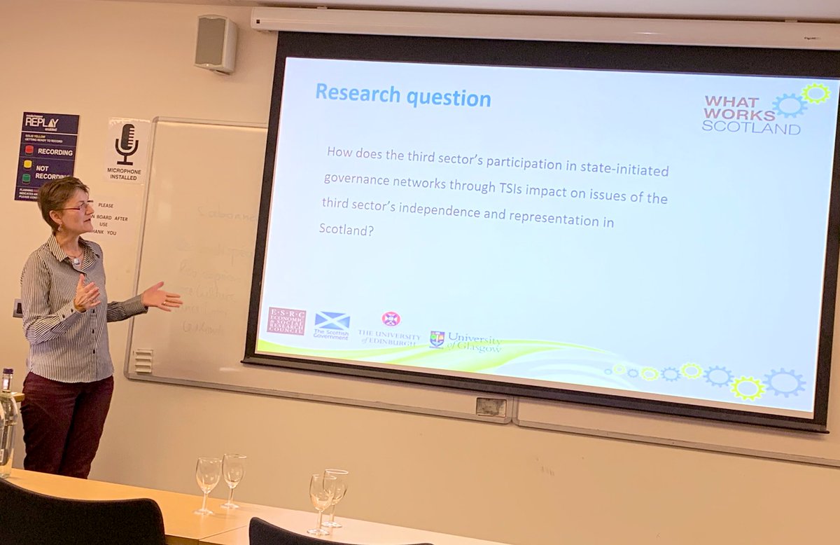 This afternoon we’re discussing brilliant doctoral research projects from What Works Scotland <a href="/WWScot/">What Works Scotland</a> Starting with <a href="/JCullingworth/">Jane Cullingworth</a> ‘Third sector interfaces in Scotland: Manufacturing civil society’ -fascinating research into the complex relationship between state and third sector