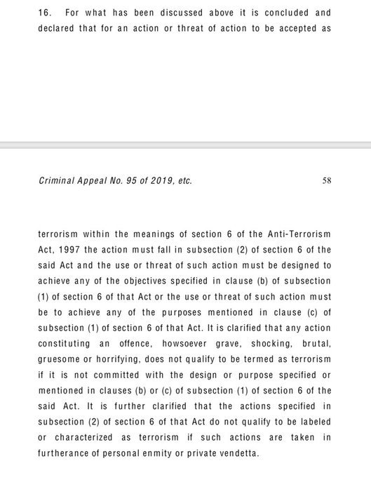 CauselistDiary's tweet image. SC today clarified definition of “terrorism”, holding an offence is terrorism only when committed with a specific “design” - how heinous it is or its “effect” irrelevant
This makes decision to consider cases like Shahzeb’s murder as “terrorism” even more difficult to understand.