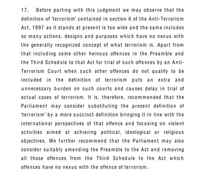 CauselistDiary's tweet image. SC today clarified definition of “terrorism”, holding an offence is terrorism only when committed with a specific “design” - how heinous it is or its “effect” irrelevant
This makes decision to consider cases like Shahzeb’s murder as “terrorism” even more difficult to understand.