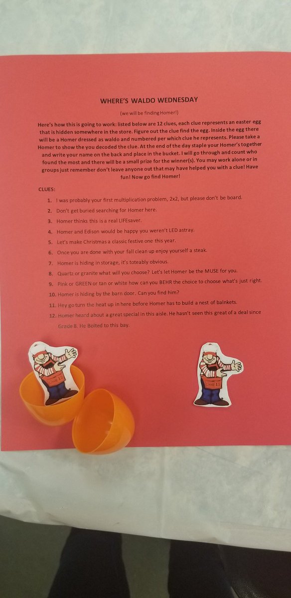 tierrariddleHD's tweet photo. Let the hunt begin! Homer is dressed as Waldo in 12 areas of the store! How many clues can you decode to find him? #WheresWaldo #WheresHomer #MWspiritweekD239 #store2026 @BPlantenberg @Heather38228391 @Greenfield_HD @JennywoodHD https://t.co/p72PKhPWee