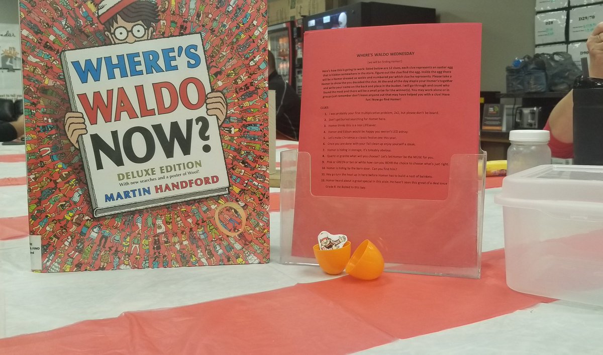 tierrariddleHD's tweet photo. Let the hunt begin! Homer is dressed as Waldo in 12 areas of the store! How many clues can you decode to find him? #WheresWaldo #WheresHomer #MWspiritweekD239 #store2026 @BPlantenberg @Heather38228391 @Greenfield_HD @JennywoodHD https://t.co/p72PKhPWee