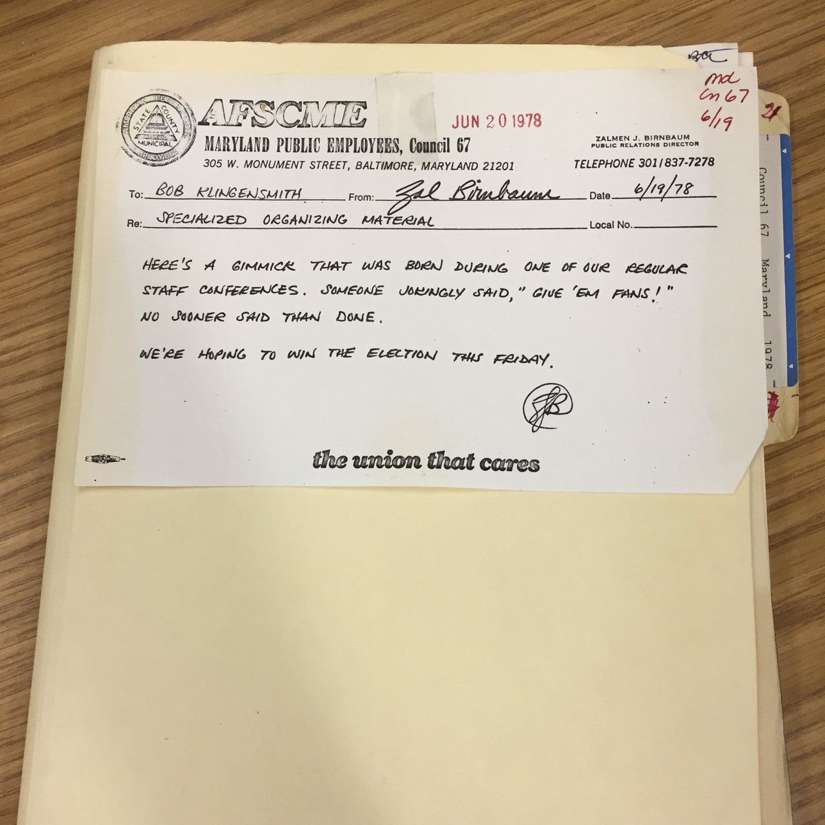 A fan for Baltimore County Community College employees who had to work w/out AC. The unit of maintenance, custodial and service employees voted “yes” to <a href="/AFSCME/">AFSCME</a>  in 1978 and are part of Local 3376.