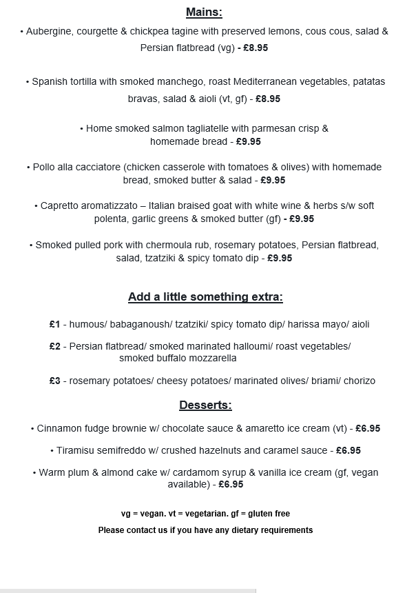 thetuns's tweet photo. Come try the new menu  at the three tuns courtesy of Lost Chillies with the new Mediterranean styled dishes. Available 
Wed - Fri: 12:00 - 21:00
Sat: 17:00 -21:00
There is also now a large selection of teas and coffees.
#mediterranean #lostchillies #food #teaandcoffee #pub #menu https://t.co/BT8AJILs5k