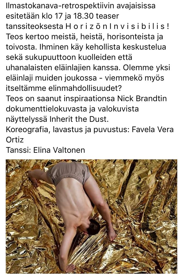Perjantaina 1.11. Kanneltalon gallerian avajaisissa ohjelmaa: Favela Vera Ortizin koreografia teaser esitetään klo 17 ja 18:30 #tanssi #ilmastotaide #ilmastonmuutos suoranainen #ilmastopaniikki koska #nytonpakko <a href="/tanssinkeskus/">Tanssin Keskus</a> <a href="/HelsinkiKuva/">Kulttuuri ja vapaa-aika</a>
