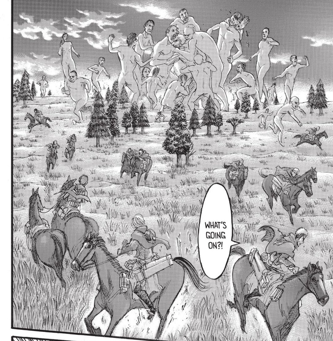 Also, this whole "turning titans into titan shifters thing" explains why the titans are so eager to gobble Reiner, Bertolt and Ymir here