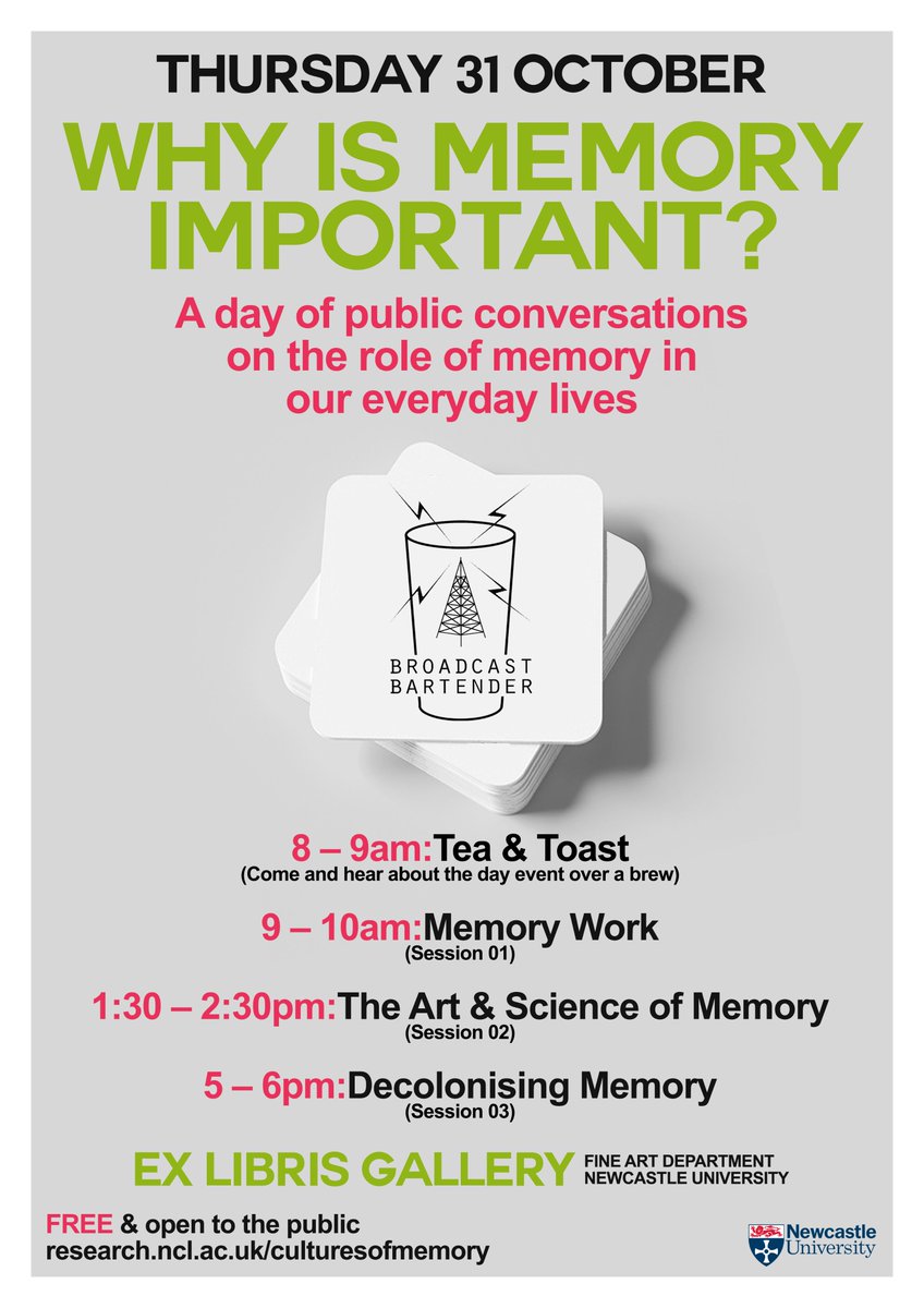 David Farrell-Banks (@d_farrellbanks) on Twitter photo Cultures of Memory 'Broadcast Bartender' - tomorrow!
'Why is Memory Important?'
Three themed conversations throughout the day, in <a href="/Lloyd_Wilson_/">Lloyd Wilson</a>'s bespoke pop-up bar.
The venue is just inside King Edward VII building - info and directions: research.ncl.ac.uk/culturesofmemo⦠Cultures of Memory 'Broadcast Bartender' - tomorrow!
'Why is Memory Important?'
Three themed conversations throughout the day, in <a href="/Lloyd_Wilson_/">Lloyd Wilson</a>'s bespoke pop-up bar.
The venue is just inside King Edward VII building - info and directions: research.ncl.ac.uk/culturesofmemoā¦