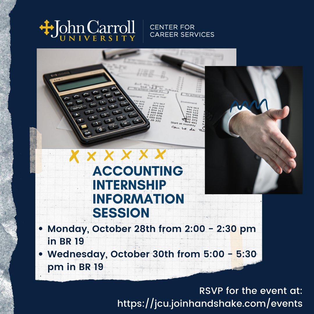 JCUCareerCenter's tweet image. Learn about the Internship #courseenrollment process for your full-time Spring 2020 Accounting #Internship! This #information session is TODAY from 2:00 - 2:30 in BR 19. You can still register at:  jcu.joinhandshake.com/events