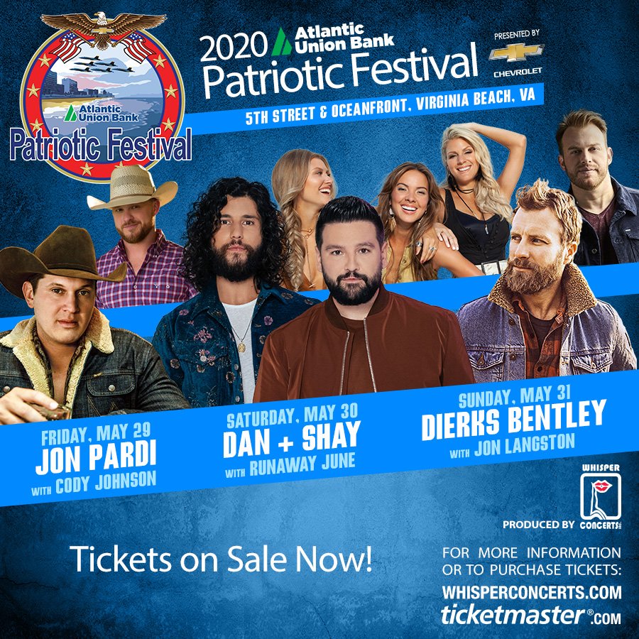 Tickets for the 2020 <a href="/PatrioticFest/">Patriotic Festival</a> are officially on sale! 🎉 May 29-31 spend your weekend partying oceanfront in Virginia Beach with #JonPardi, #DanAndShay + #DierksBentley! #DelmarvaCountry

Tickets &amp; info at FROGGY999.COM/PATRIOTIC.