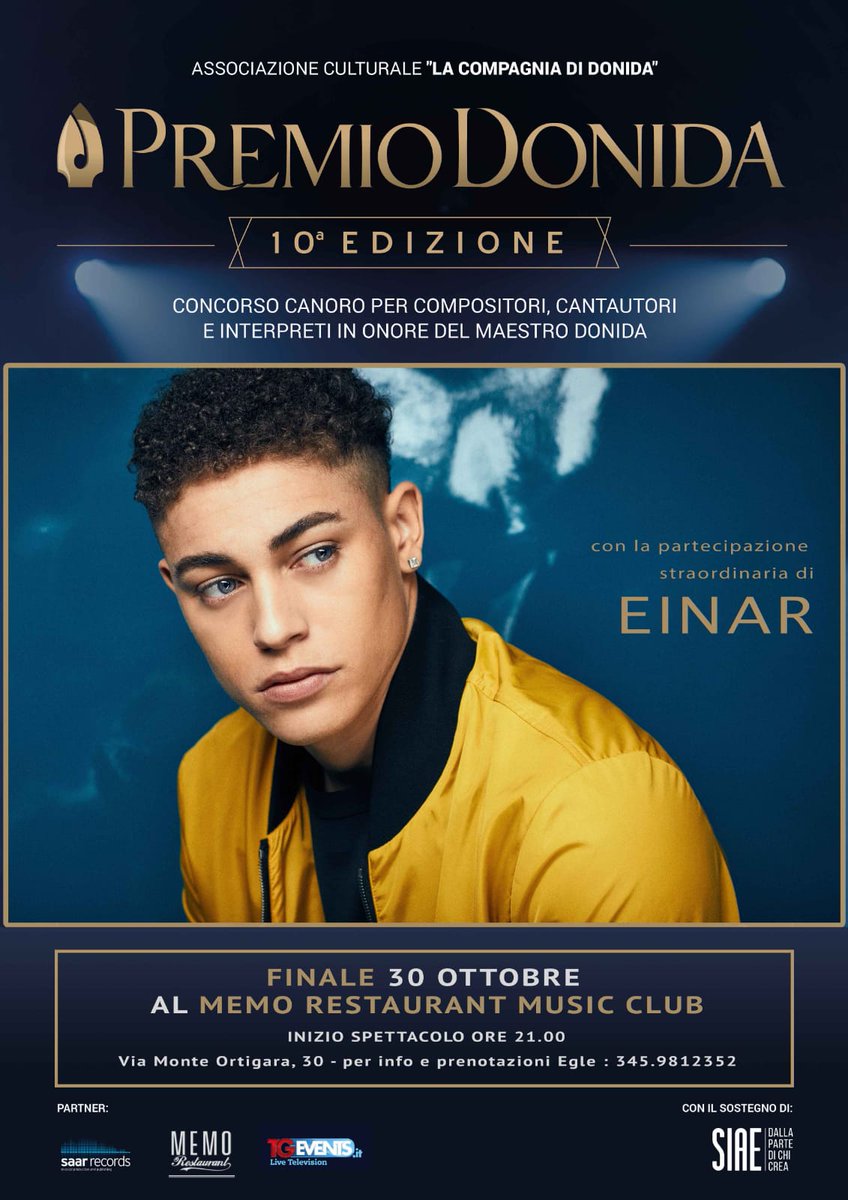 SIAE_Official's tweet photo. 🎵 A Milano è tutto pronto per la finalissima di stasera del @PremioDonida, il concorso per autori e interpreti over 18 dedicato a #carlodonidalabati. Chi sarà il vincitore tra i 15 finalisti? 🎼🎙️ Ospite della serata @Einar_official 👉👉 https://t.co/AIvfVLQ1OJ https://t.co/2HBqRzOZJ7