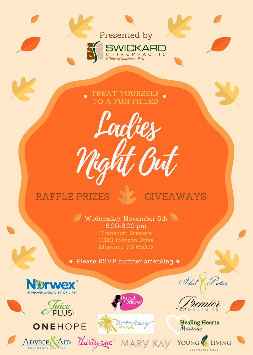 swickardchiro's tweet photo. Ladies Night Out is 1 week away! Join us, and many other vendors, at Transport Brewery from 6:00-8:00pm on Wednesday, November 6th! Please RSVP to 913-268-8300 or get a FREE ticket through the link on the Facebook event https://t.co/HfetXenqnI https://t.co/6ApUU6e1Ih