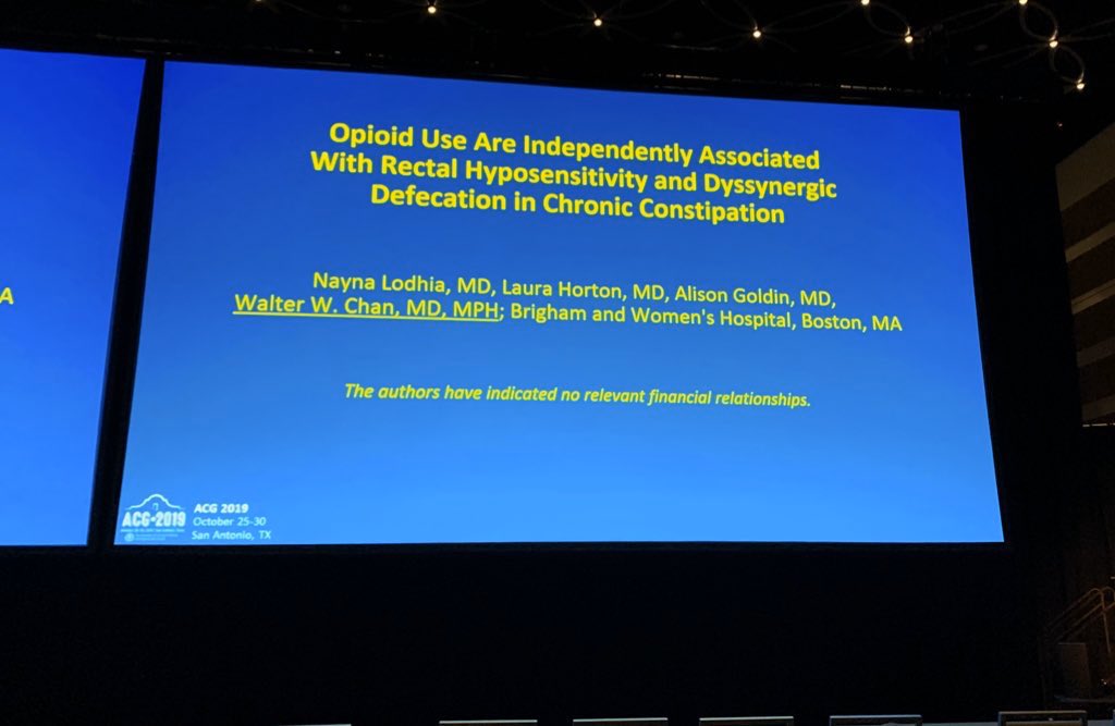 WalterChanMD's tweet image. Thank you @AmCollegeGastro for the opportunity to present our data on #opioid use &amp;amp; defecation dysfunction in chronic #constipation - consider altered anorectal function &amp;amp; physiologic testing in managing opioid-induced constipation #ACG2019 #BWHMotility @BrighamResearch