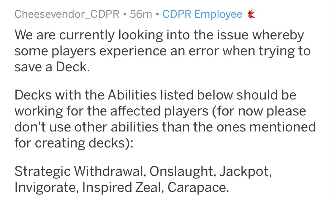 GwentMobile's tweet photo. On some iDevices there's an issue: if one selects a certain leader Ability the deck won't save and keep loading forever until the game is restarted. @CDPROJEKTRED is working on it. 
#Gwent #GwentMobile https://t.co/v3PahVmxCN