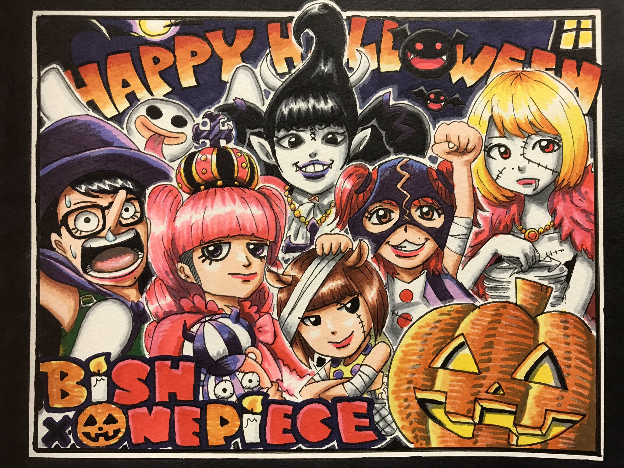 ダイちゃん Bish One Pieceなハロウィンイラスト描きました アツコ ウソップ リンリン ペローナ アイナ モリア アユニ チッチ リスキー兄弟 我らがモモカン シンドリー イカ食べてるのポイント こういうのマジ楽しい Bish Onepiece ワンピース