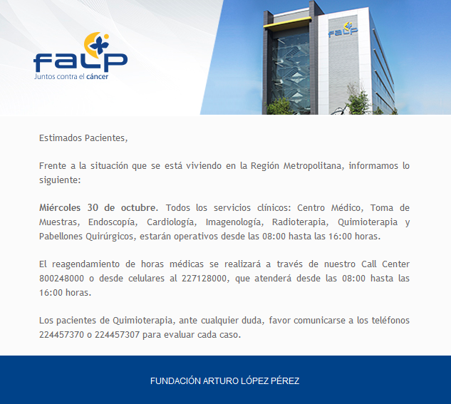 Querida comunidad FALP:
Informamos actualización de horarios de atención:
