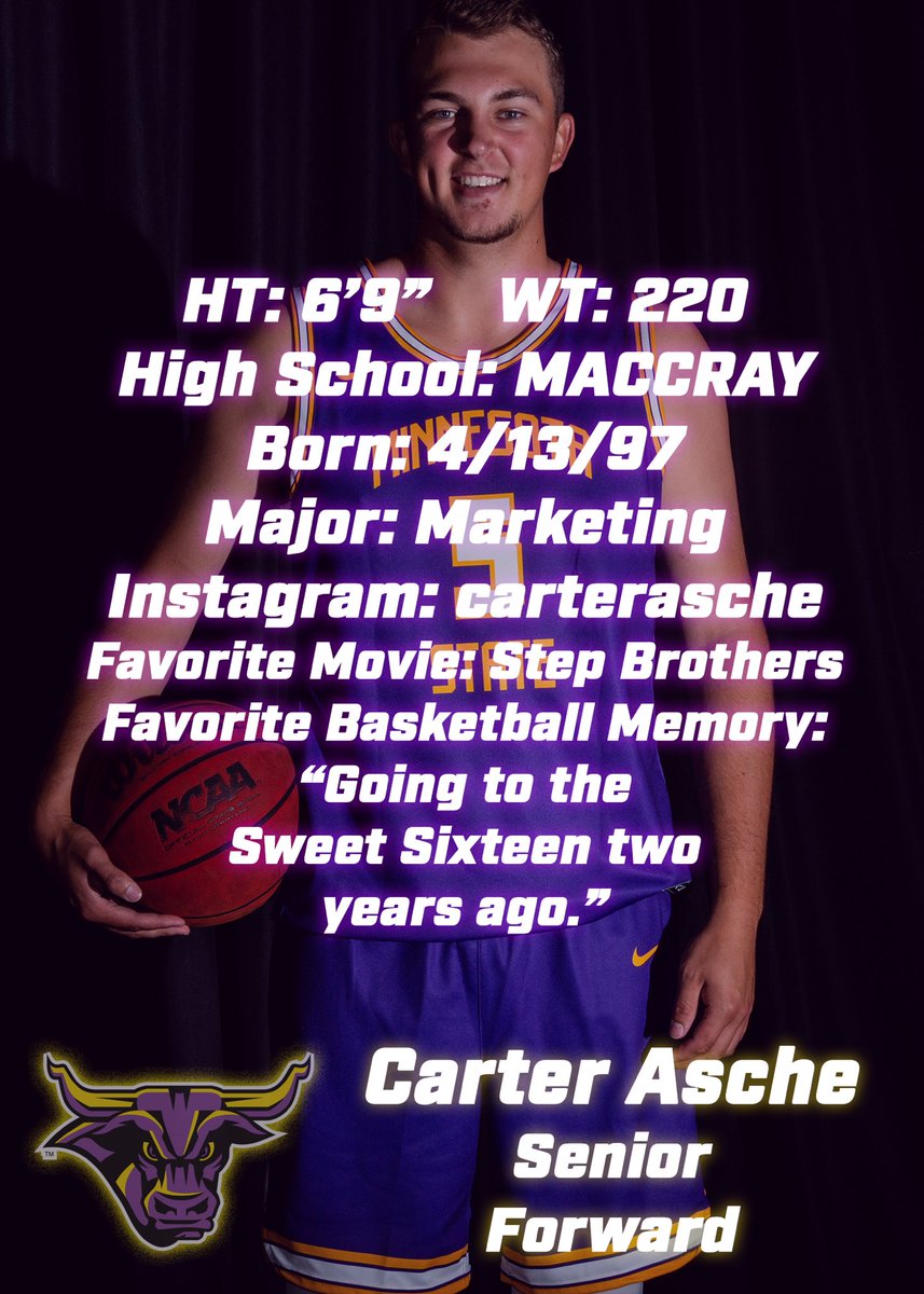 MinnStMBBall's tweet photo. Last but not least, Senior Carter Asche of Raymond, MN. Carter is in his 5th year at MSU and is currently in grad school for Sports Management. In his years Carter has seen great success behind the 3 point line. In his free time he loves to play Fortnite and golf #MavFam https://t.co/zAeWRuPZgm