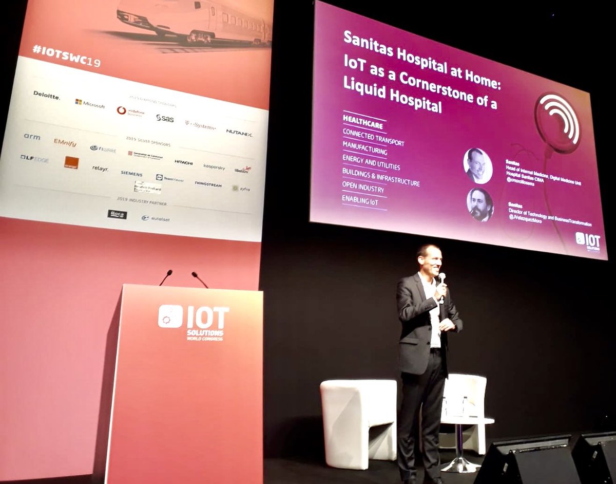 cmorcilloserra's tweet photo. Un honor compartir escenario en #IOTSWC19 con @JVelazquezMoro en la sesión “@sanitas Hospital At Home: #IoT As A Cornerstone Of A #LiquidHospital” explicando las ventajas de la plataforma #SaludConectada de #Telemonitorización con #wearables e #IA. Gracias @GiroToni #ehealth https://t.co/CqurSEILu1