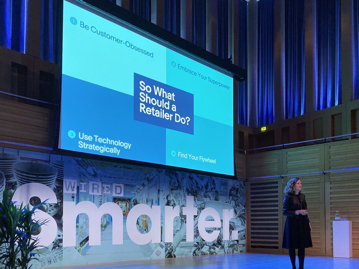 saheaney's tweet photo. Our Chief Strategy Officer Kris Miller at #WiredSMARTER..in spite of headlines about retail doom, innovation trumps stagnation. Her advice for incumbents &amp; insurgents alike: Be customer-obsessed, Embrace your superpower, Use technology strategically, Find your flywheel #ebay https://t.co/gUI9jsCBEv