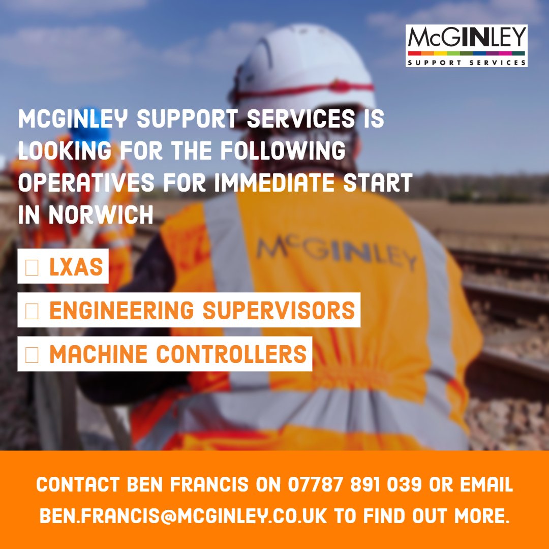 mssi_uk's tweet image. McGinley is looking for LXAs, Engineering Supervisors and Machine Controllers in and around #Norwich. Interested? Contact Ben on 07787 891 039 or email ben.francis@mcginley.co.uk today!

#RailEngineering #Jobs #JoboftheDay #PTSRoles #Track #PTS #Engineering