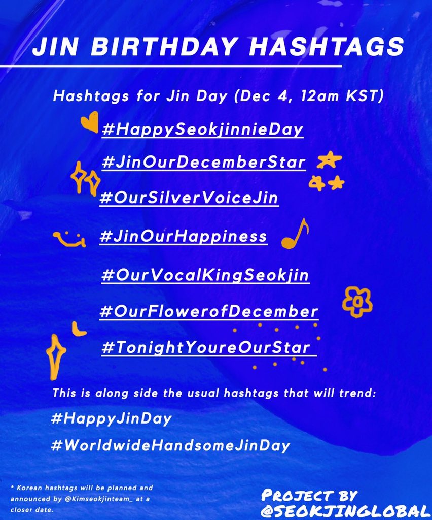 SeokjinGlobal's tweet photo. Happy Jin Day birthday hashtags 🎊✨

December 4 is the most awaited special day that we celebrate yearly, the day Jin was born.

This year, join us &amp; let’s fill this day w/ appreciation &amp; love for him. Let’s all give him the happiest birthday together!

#JIN #진 #김석진 @BTS_twt https://t.co/GnbPca45cn