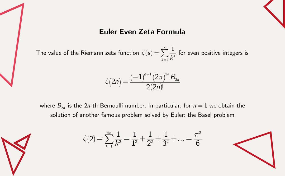 MathType's tweet photo. Solving the #BaselProblem made Euler famous, but he did not stop there: within 5 years of calculating the infinite sum of the reciprocals of squares he generalised his solution to any even exponent. The odd ones, however, remain mysterious #Analysis #NumberTheory #MathType https://t.co/F7tUzbIRa5