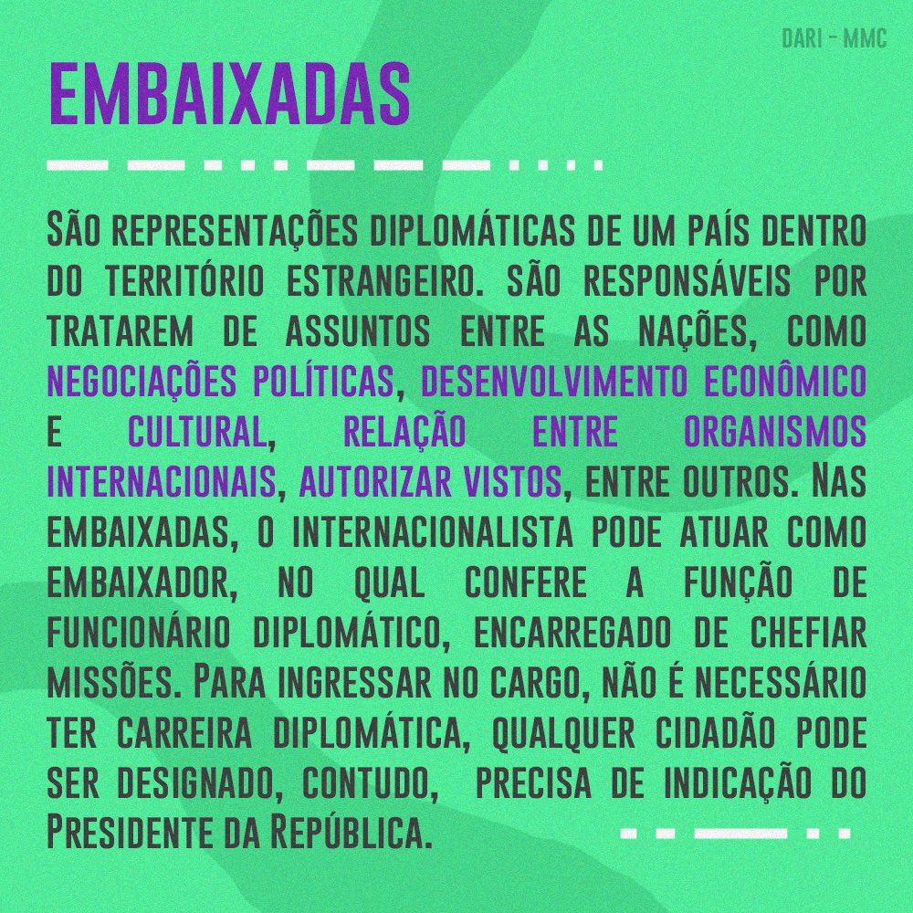 dariufsm's tweet photo. Na semana passada, vimos aqui no #OQueFaz como o internacionalista pode atuar no setor privado, mais especificamente em empresas. Já nessa semana, vamos ver como o graduado pode atuar nas tão desejadas vagas em embaixadas e consulados! 🤩
Confira! 😉 https://t.co/ClIxLR65f7